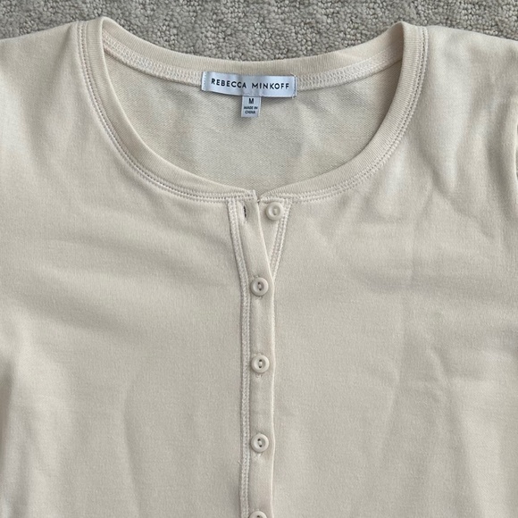 Rebecca Minkoff Janine Puff Sleeve Cotton Henley Top Cream M Casual Feminine - Picture 5 of 13
